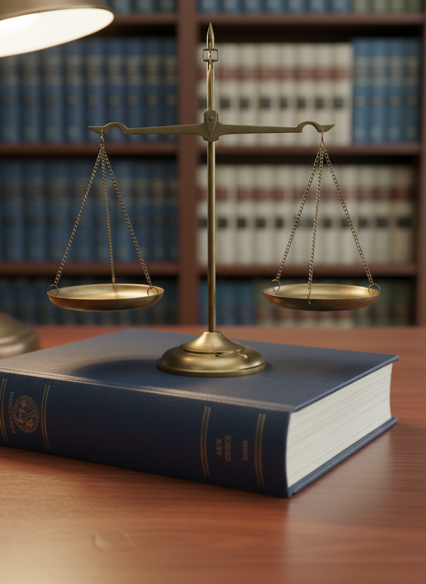A close-up of a balanced brass scale of justice with a brushed dark gold finish, positioned on a navy-blue law book with a textured cover and gilded page edges. The scale sits on a smooth mahogany surface in a tidy office, with blurred shelves of neatly arranged casebooks in deep blues and neutrals behind it. Warm, directional desk-lamp lighting highlights the metal’s subtle reflections and casts precise, controlled shadows that emphasize symmetry and balance. Photographic realism, captured from a low, slightly angled perspective to give the scale presence and gravitas. The mood is steady, meticulous, and authoritative, ideal for representing dispute resolution and careful legal analysis for Central Florida businesses.