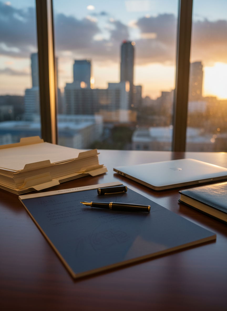An organized attorney’s workspace without any visible person, featuring a navy-blue legal pad filled with faint, illegible scribbles, a closed dark gold-tone fountain pen, and a stack of understated, unbranded file folders in muted cream. Everything rests on a smooth, dark wood desk. In the background, a large window reveals a softly blurred hint of Orlando’s skyline with subtle sunset colors, blending warm oranges with deepening blue sky. The room is lit by a combination of soft golden hour sunlight and gentle overhead office lighting, creating a calm, focused ambiance. Photographic realism, shot from a three-quarter overhead angle with medium depth of field, gives a sense of ongoing work on business contracts and evolving practice areas, clean and modern in aesthetic.