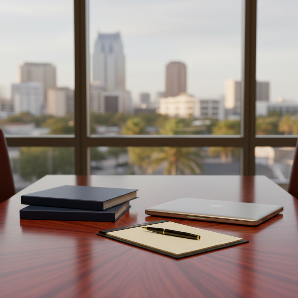 A polished conference room table made of rich, dark wood with a subtle grain, arranged with three neatly stacked navy-blue legal folders, a closed silver laptop, and a dark gold metal pen resting on a legal pad. Through floor-to-ceiling windows, an out-of-focus Orlando skyline and distant palm trees are visible, hinting at Central Florida without dominating the scene. Soft late-afternoon natural light washes across the table, creating gentle reflections in the wood and metallic accents. Photographic realism, composed using the rule of thirds from a slightly elevated angle, with a shallow depth of field that keeps the tabletop in sharp focus. The atmosphere feels strategic, private, and professional, suggesting serious business discussions and contract work.