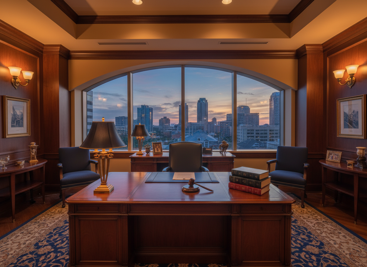 Warm-lit law office interior with dark wood desk, legal books, and cityscape view at dusk
